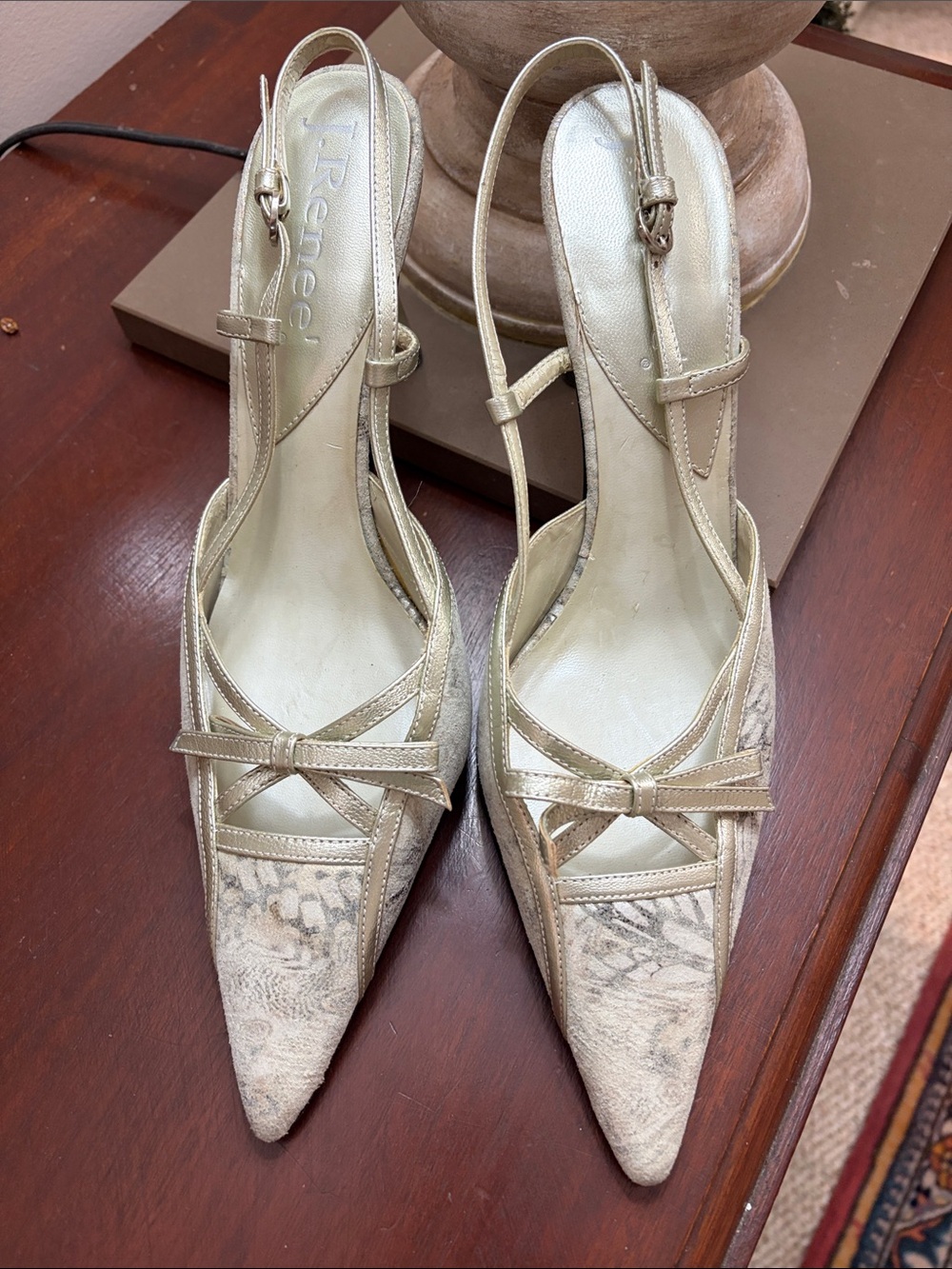 J. Renee gold  Heels Size 8.5 Pewter With Bow 2.5” Heel